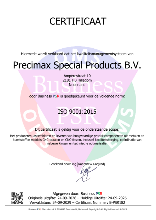 Precimax is ISO 9001:2015-gecertificeerd