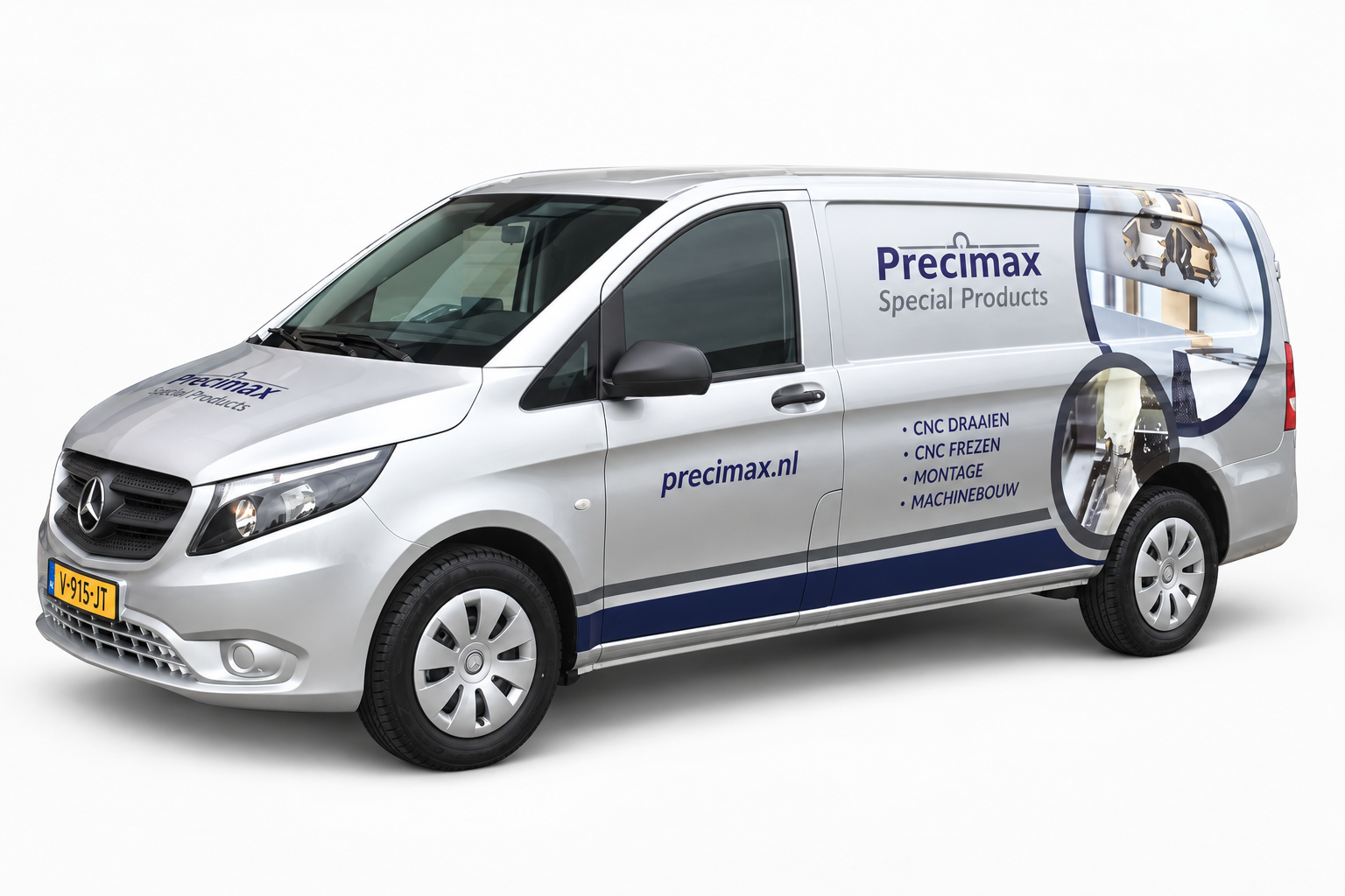 De zilveren Precimax-bedrijfsbus met bedrijfsbelettering
